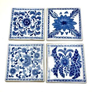 Set of 4 Vintage Blue + White Ceramic Tiles